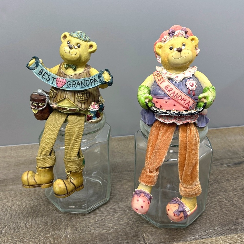 Best Grandpa and Grandma Bear Glass Candy Jars Set of 2 Shelf Sitters